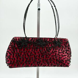 Elegant Black and Red Satin Beaded Handbag